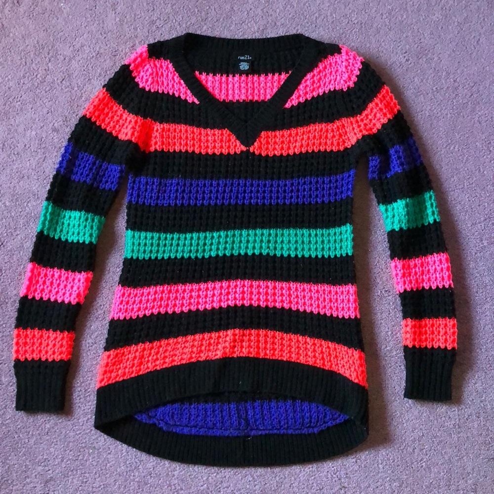 Rue21 Black Neon Pink Blue Striped Sweater Small